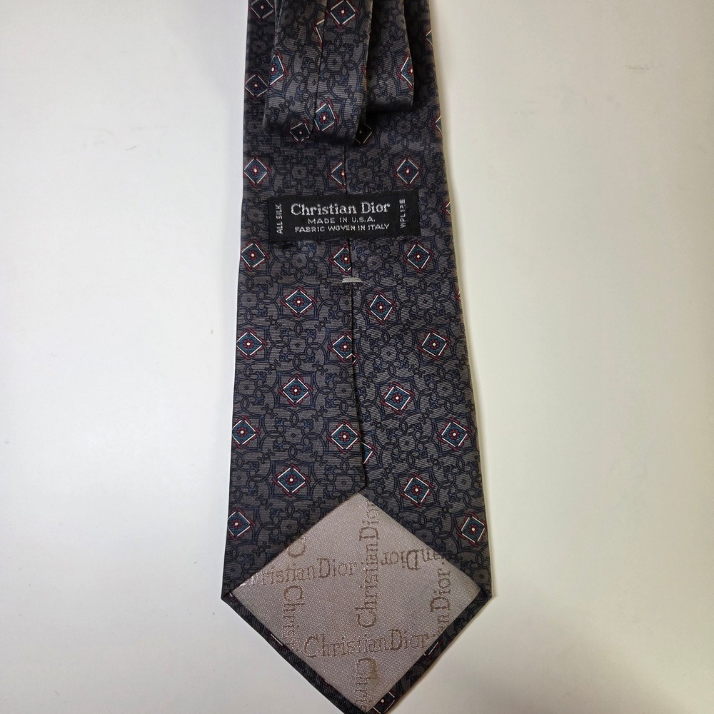 Christian Dior Mens Silk Tie Grey Burgundy Blue Geometric Medallion Italy Fabric - Picture 3 of 6